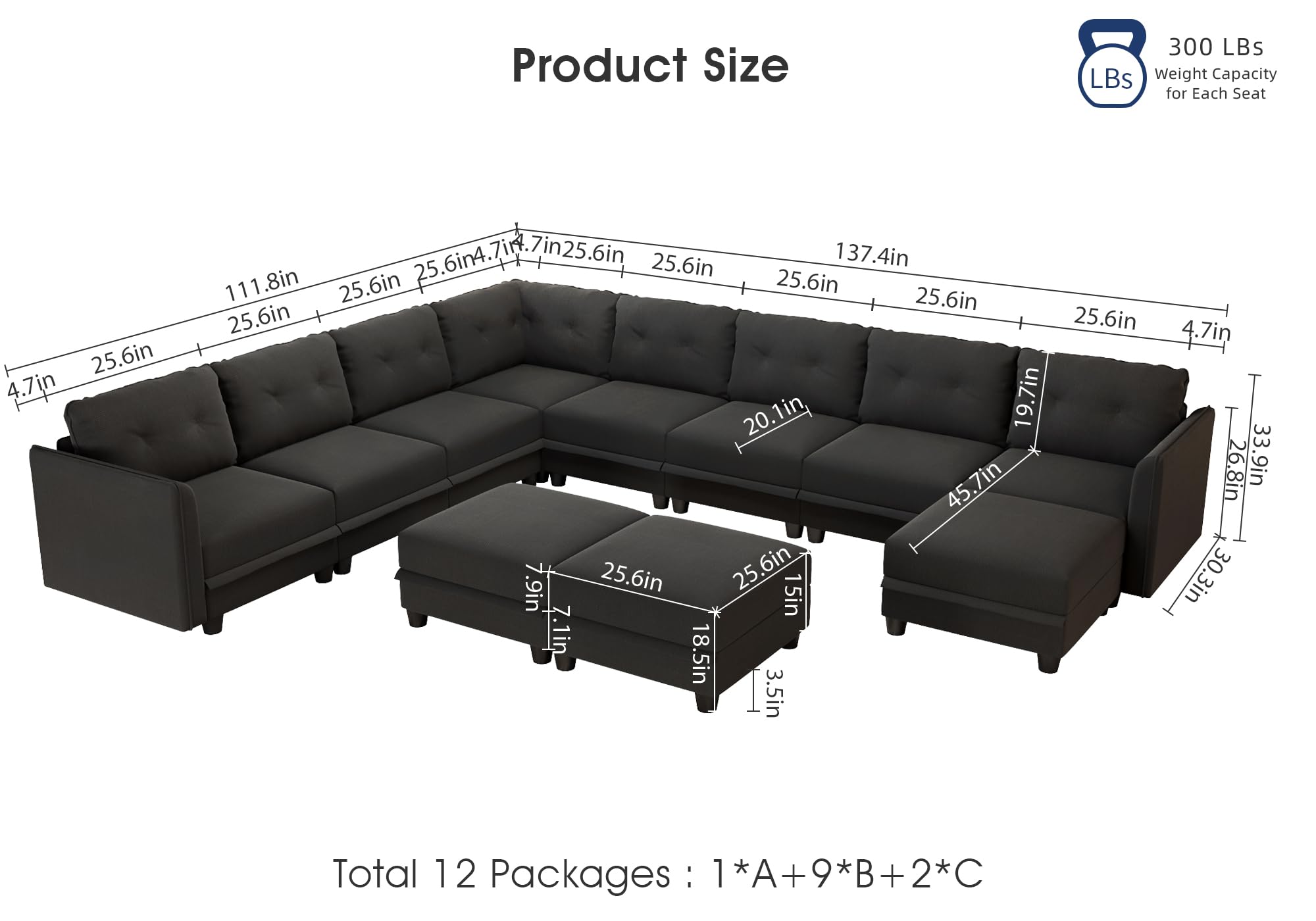 LLappuil Modular Sectional Sofa with Storage Oversized U Shaped Couch with Reversible Chaise Velvet Waterproof Anti-Scratch Sofas for Living Room 10 Seats with Ottoman Grey Brown