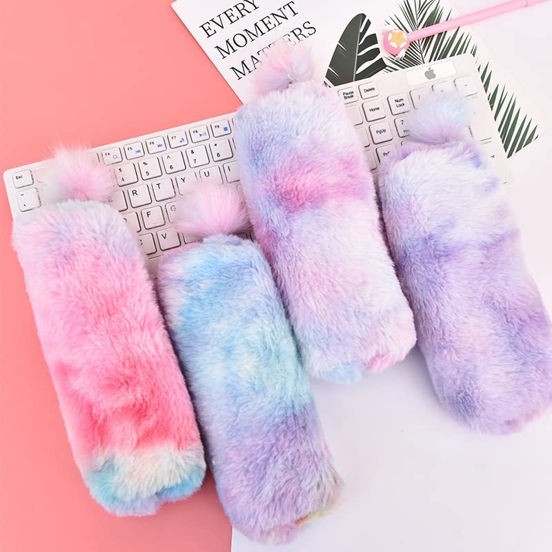 2PcsPlush Rainbow Pencil Case for Girls Fluffy Pencil Case Cute Rainbow Pencil Holder Soft Pencil Case Fluffy Pencil Bag Makeup Pouch Colored Storage Bags Large Capacity School Supplies for Kids