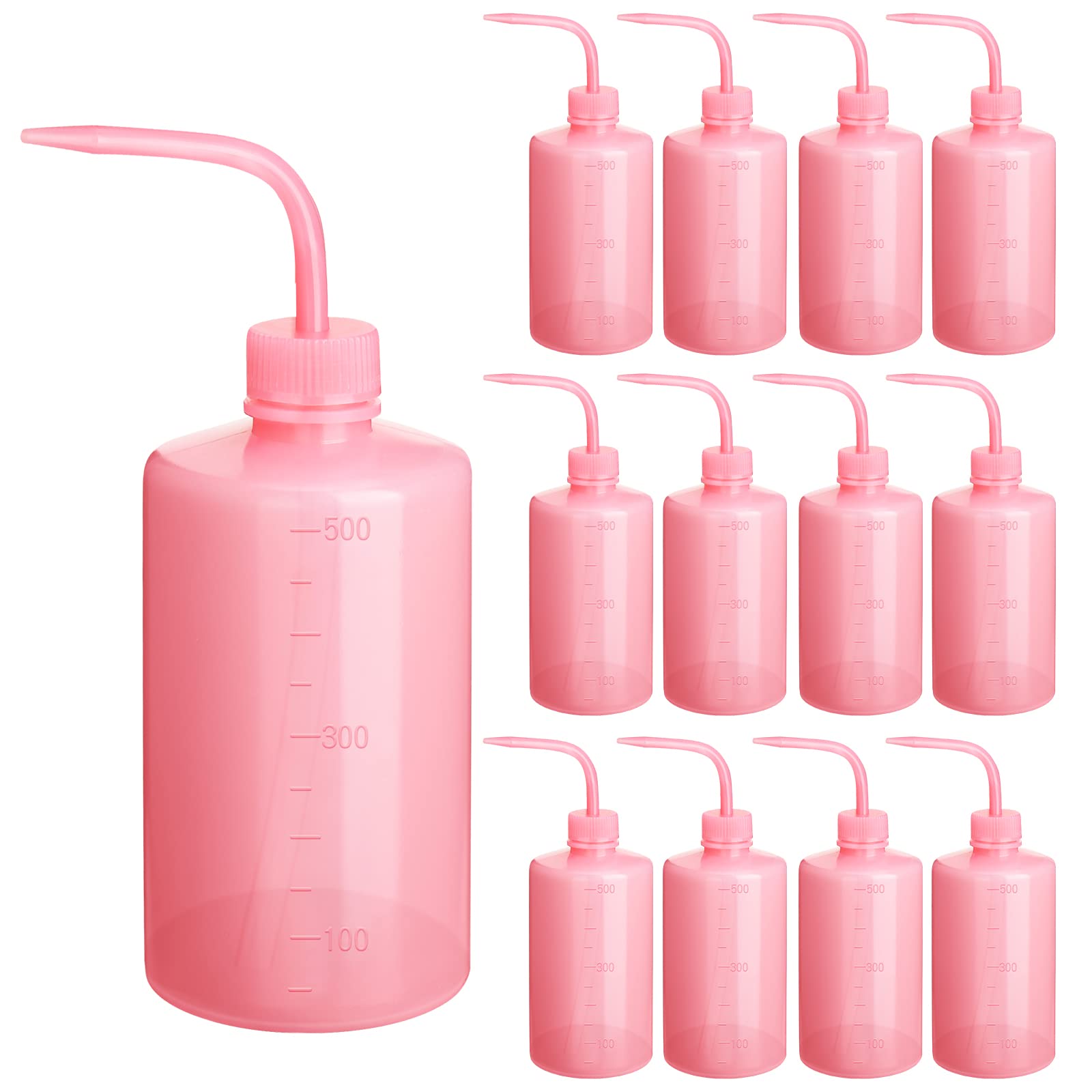 Wash Bottle 12 Pcs 17 Oz/ 500 ml Plastic Safety Wash Bottle Medical Lab Squeeze Bottle with Narrow Mouth Scale Labels Tattoo Bottle for Tattoo Supplies Green Soap Cleaning Washing Bottle (Pink)