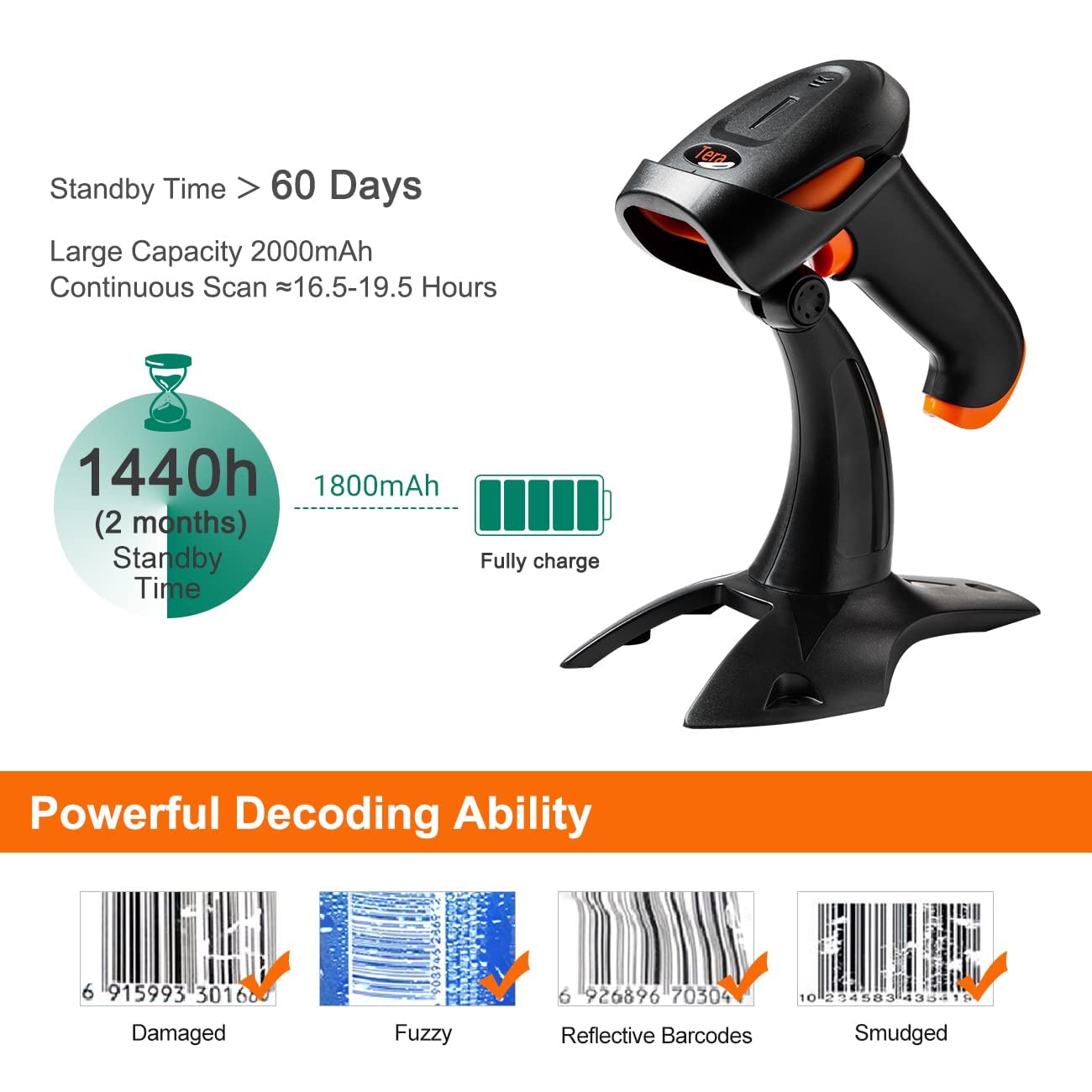 Tera Wireless 2D QR Barcode Scanner with Stand, 3 in 1 Compatible with Bluetooth & 2.4GHz Wireless & USB Wired Bar Code Reader Handheld HW0001