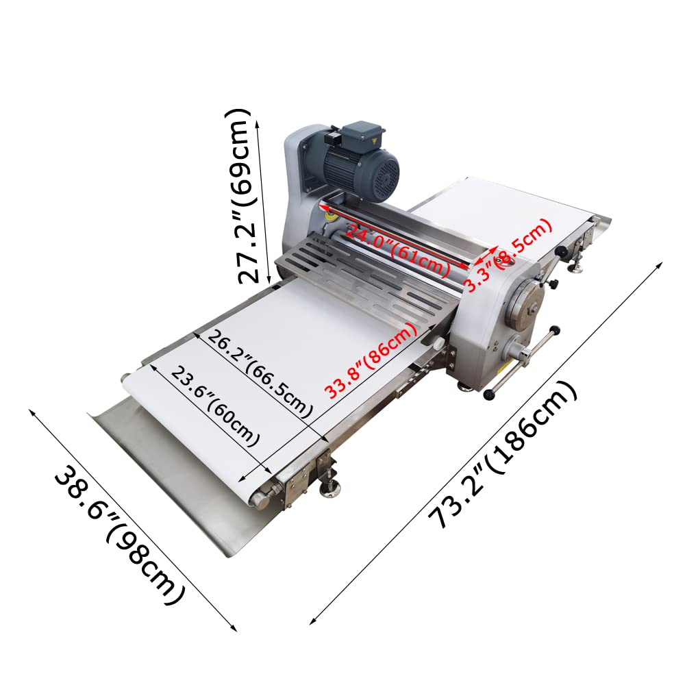 INTBUYING Countertop Dough Sheeter Machine 24in Reversible Pastry Dough Roller Press Sheeter Dough Flatten Laminator Pie Crisp Sheets Folding Machine Danish Pastry Machine 0.04"-1.26" Thickness 110V