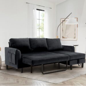 Modern Velvet Pull Out Sleeper Sofa Bed with Chaise, Comfy L Shaped Convertible Sleeper Couch with Storage and Pocket, Sectional 3 Seat Couch for Living Room Furniture or Office, Smooth Back - Black