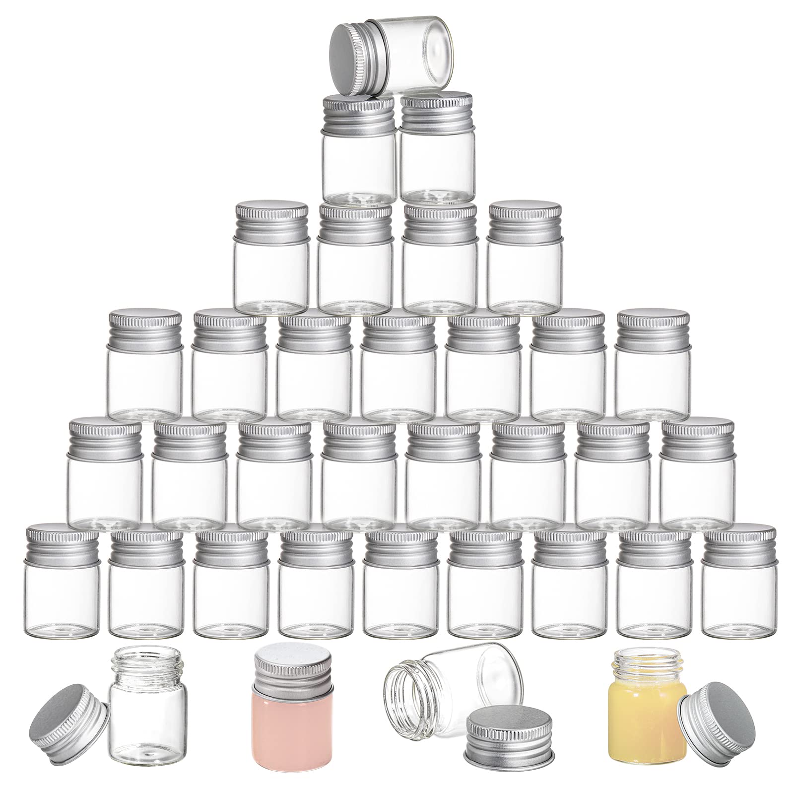 Coloch 36 Pack 15ml Empty Glass Jars with Screw Aluminum Caps, 0.5Oz Mini Cosmetics Container Jar Glass Paint Jar Refillable Glass Oil Vials Test Bottles for Cosmetics, Chemicals, Decoration