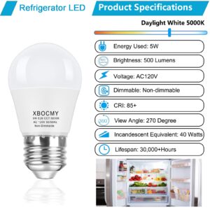 XBOCMY A15 LED Light Bulbs, 40 Watt Equivalent LED Refrigerator Light Bulb, 5W Daylight 5000K, 500 Lumens, Medium Base (E26), Non-Dimmable, A15 Appliance Bulb, 2-Pack