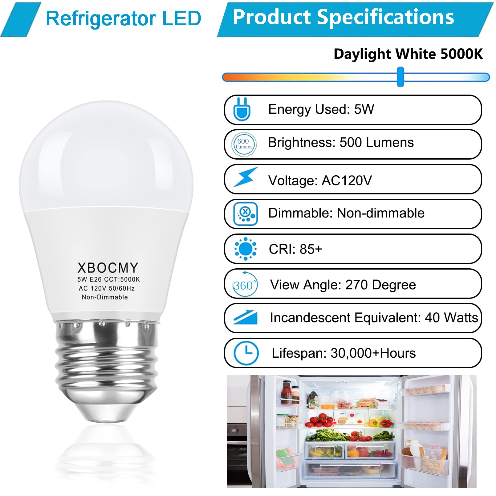 XBOCMY A15 LED Light Bulbs, 40 Watt Equivalent LED Refrigerator Light Bulb, 5W Daylight 5000K, 500 Lumens, Medium Base (E26), Non-Dimmable, A15 Appliance Bulb, 2-Pack