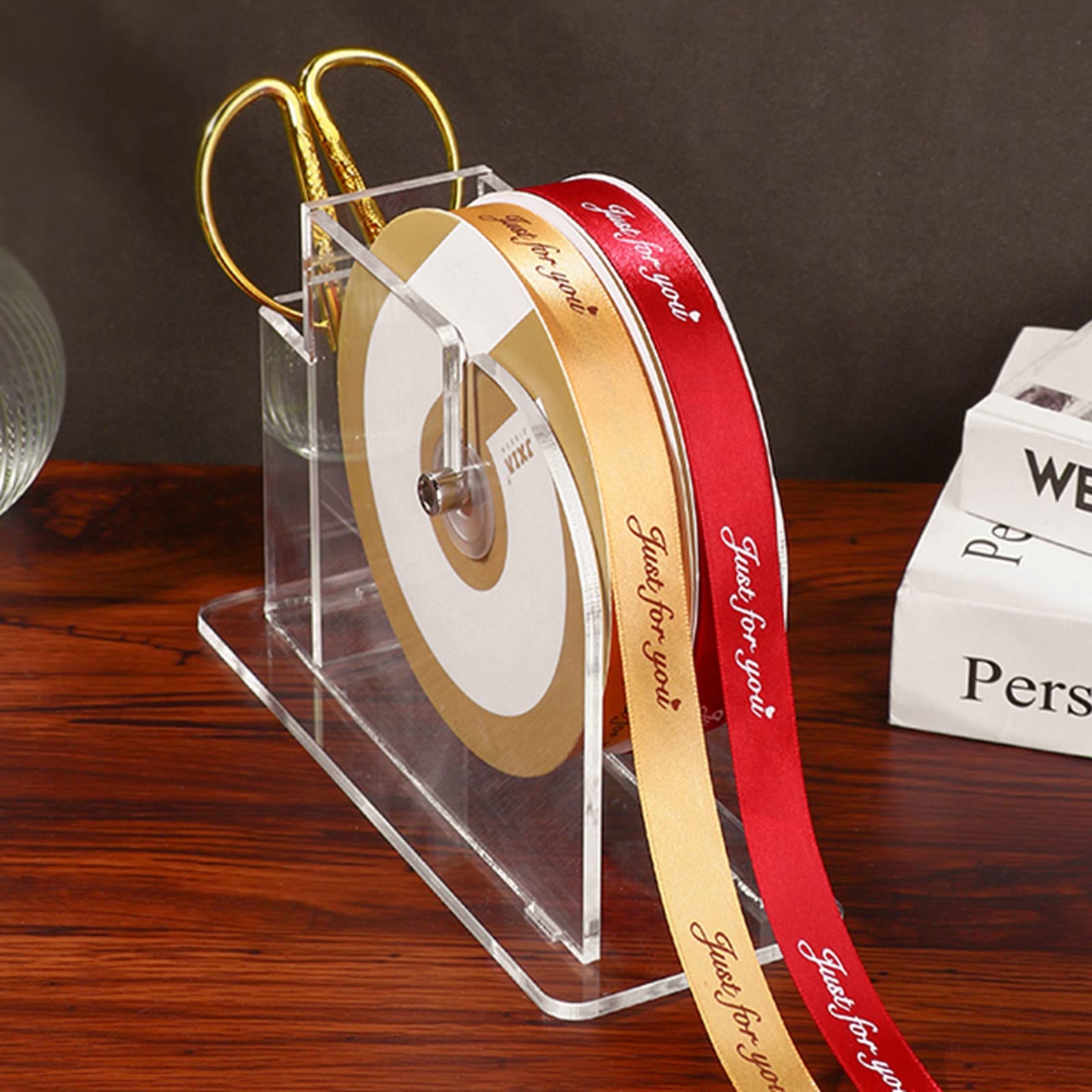 Transparent Ribbon Spool Holder Stand, Mini Label Dispenser Multiple Roll Holder, Table Top Ribbon Storage Organizer with Removable Rod and Scissors Stand ( Color : 22.5x8.5x14.5cm(8.8x3.3x5.7 in) )