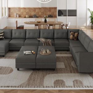 LLappuil Modular Sectional Sofa with Storage, Oversized Couch 14 Seater U Shaped Sofa with Chaise, Faux Leather Fabric Large Sectional Couch with Ottoman, Dark Grey