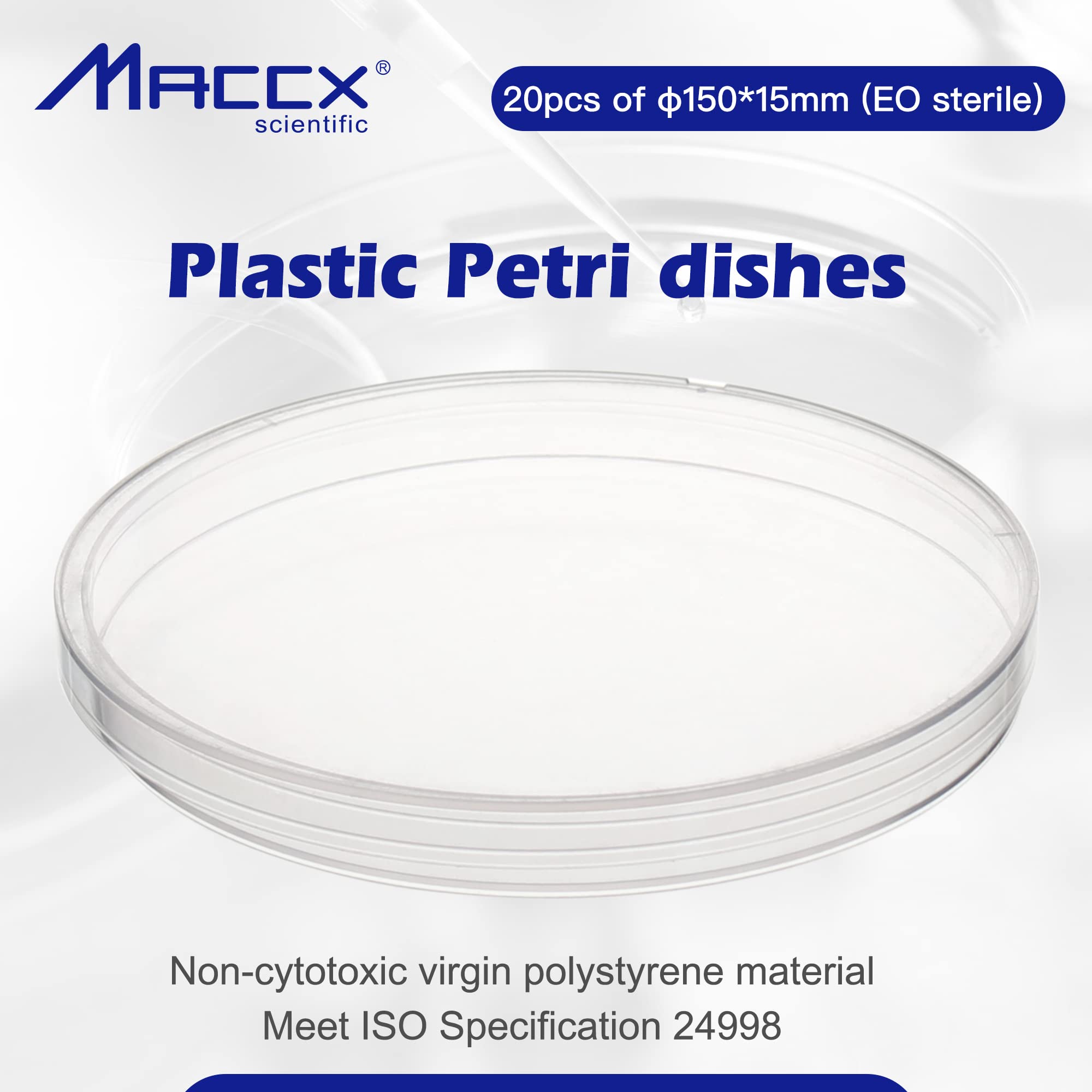 Maccx Sterile Plastic Petri Dishes with Lid, 20 PCS of Dia.150mm*15mm Clear Petri Plate, with 3 Vents for Classroom, Laboratory, Science Party, PPD150-020