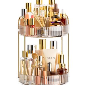 Devokimi Bathroom Organizer Countertop, Rotating Makeup Organizer for Vanity, 2-Tier Make Up Organizers and Storage, Vanity Tray Shelf for Cosmetic, Skin Care, Lotions (Clear)