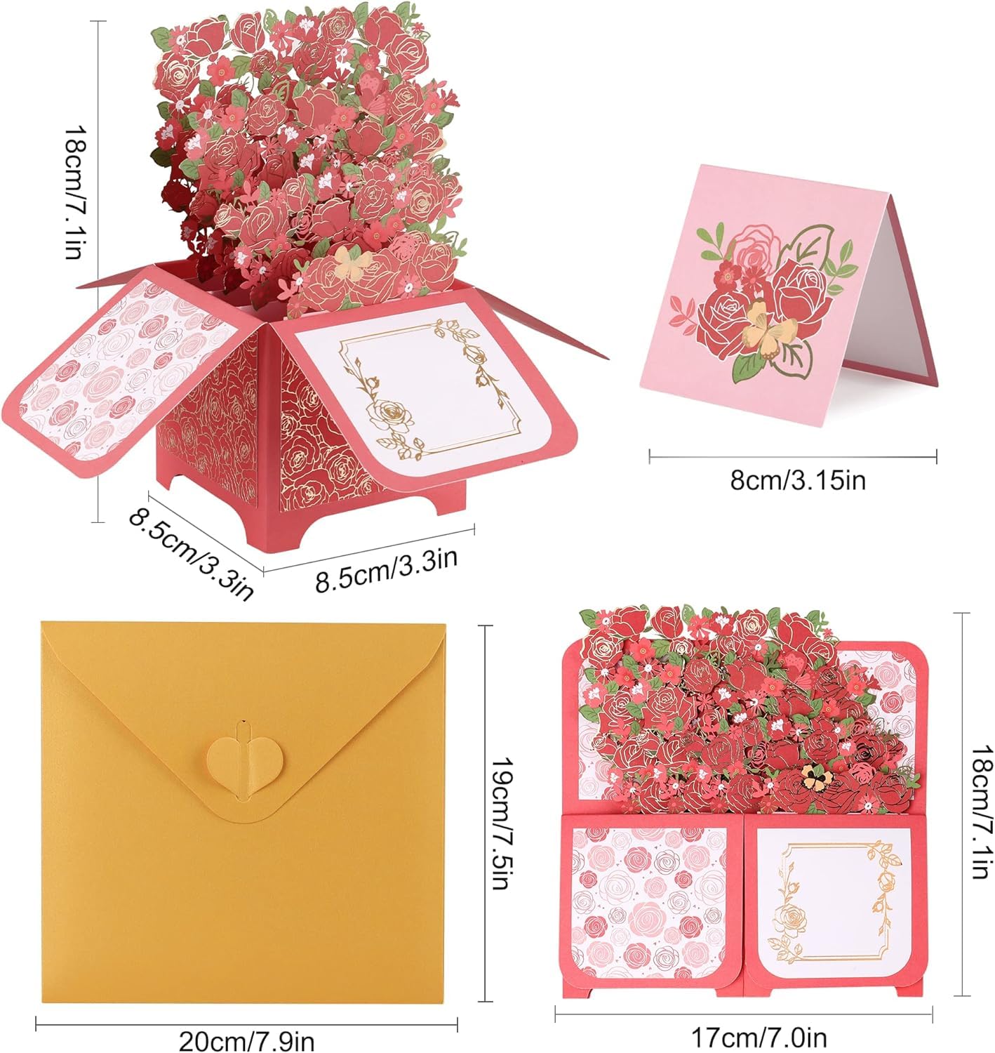 Giiffu Flowers Pop Up Card, Red Rose, 3D Paper Flowers Bouquet Greeting Cards with Note Card and Envelope for Mothers Day, Birthday, Valentine's Day, Anniversaries Card, All Occasion(7" x 6.7")