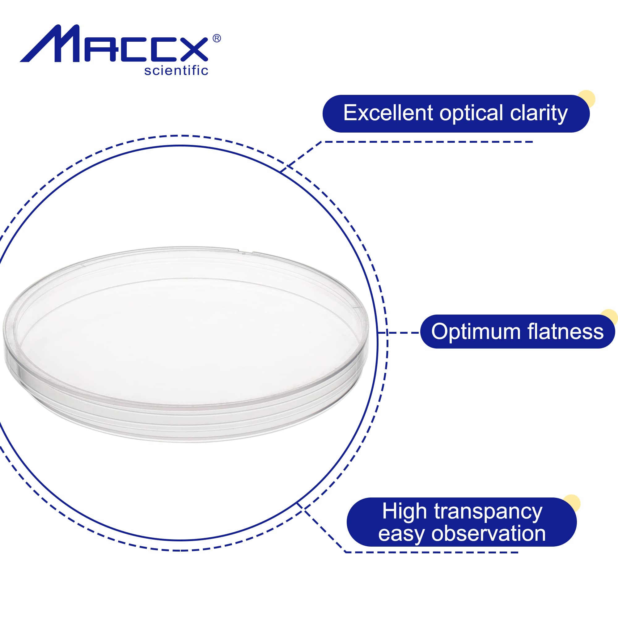 Maccx Sterile Plastic Petri Dishes with Lid, 20 PCS of Dia.150mm*15mm Clear Petri Plate, with 3 Vents for Classroom, Laboratory, Science Party, PPD150-020