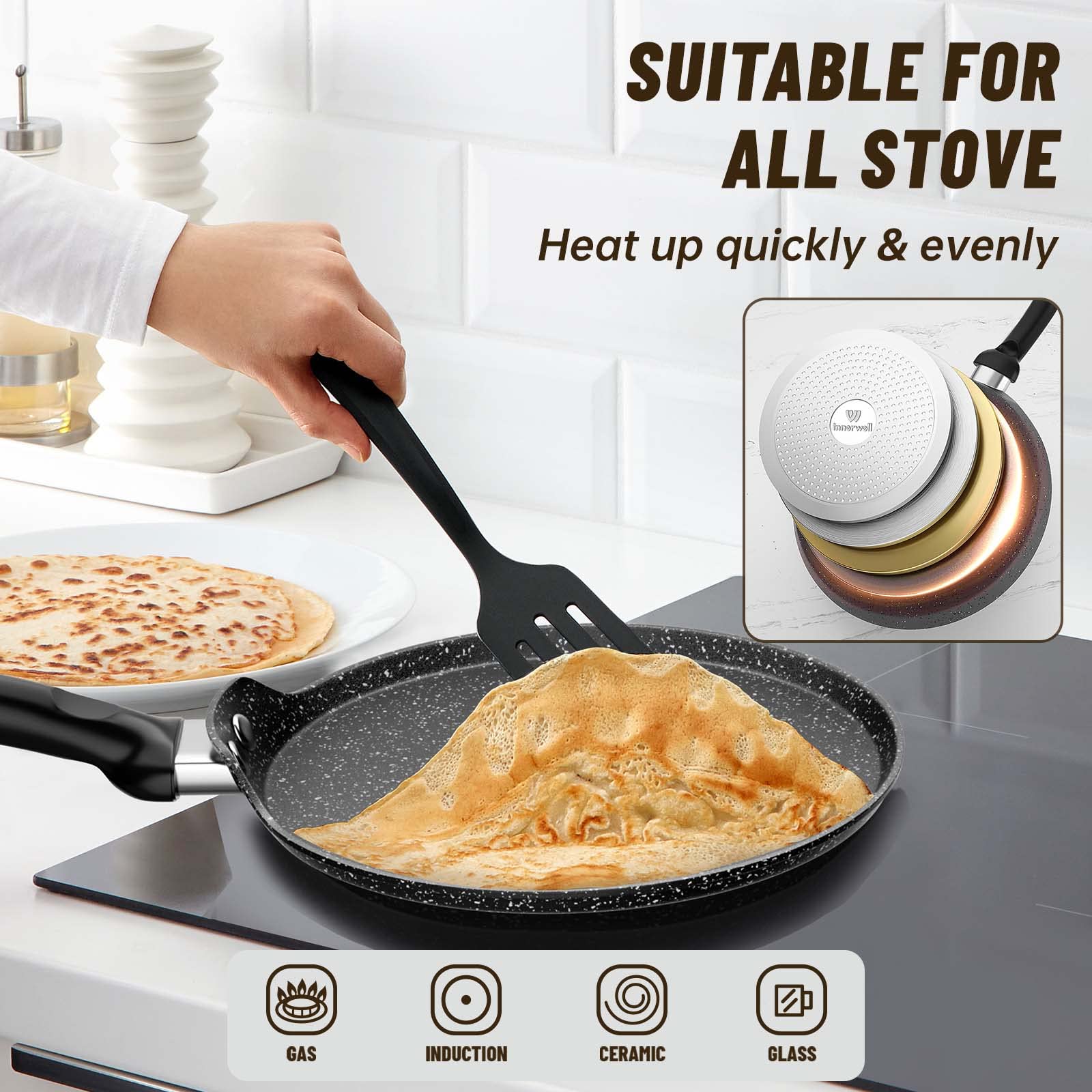 Innerwell Nonstick Crepe Pan, Comal Dosa Pan Tawa Griddle Pancake Pan, 10 Inch Tortilla Pan with Stay-Cool Handle, Induction Compatible, 100% PFOA Free, Black