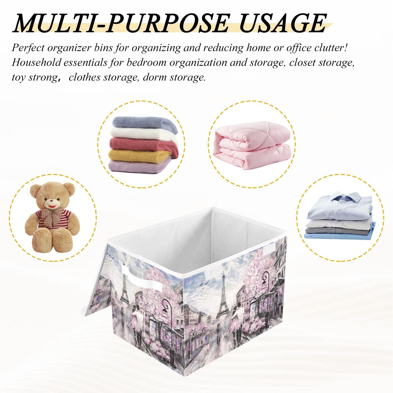 MFTJYO Storage Bin with Lid Romantic Couple Paris Street Scene Foldable Storage Box Washable Fabric Storage Cubes Bin Organizer Basket Closet for Home Bedroom Closet Nursery Office