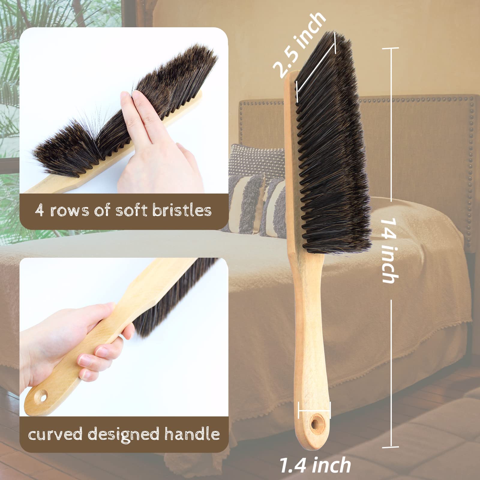 2 Pieces Dust Brush Hand Broom Wooden Bench Brushes with Soft Bristles Counter Brush with Long Wood Handle Household Cleaning Brush for Sofa Bed Pet Fireplace Car (Brown, Yellow)