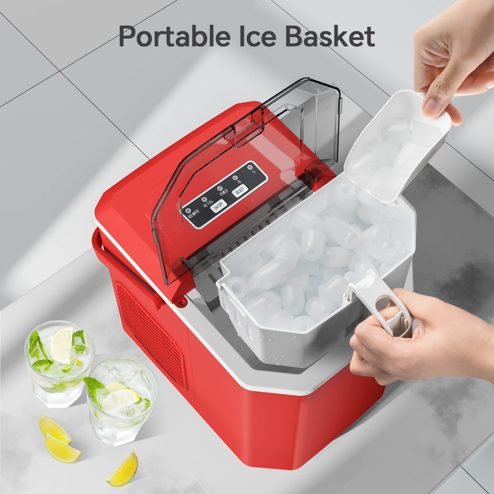 Crzoe Ice Makers Countertop, Ice Machine with Handle, 26Lbs in 24Hrs, 9 Cubes Ready in 6 Mins, Self-Cleaning Portable Ice Maker, 2 Sizes of Bullet Ice Cubes for Home and Office(RED)