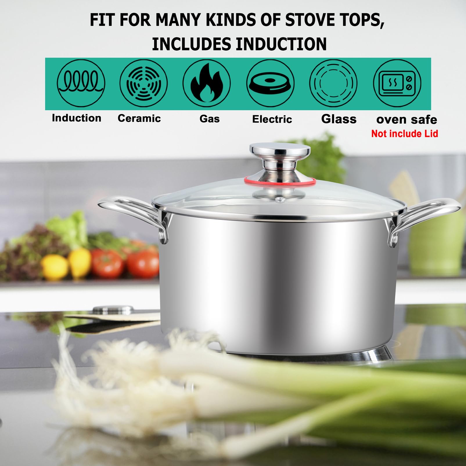 TeamFar 6 Quart Stock Pot, Stainless Steel Tri-Ply Cooking Pasta Pot with Tempered Glass Lid for Induction/Electric/Gas/Ceramic, Healthy & Sturdy, Double Riveted Handles & Dishwasher Safe