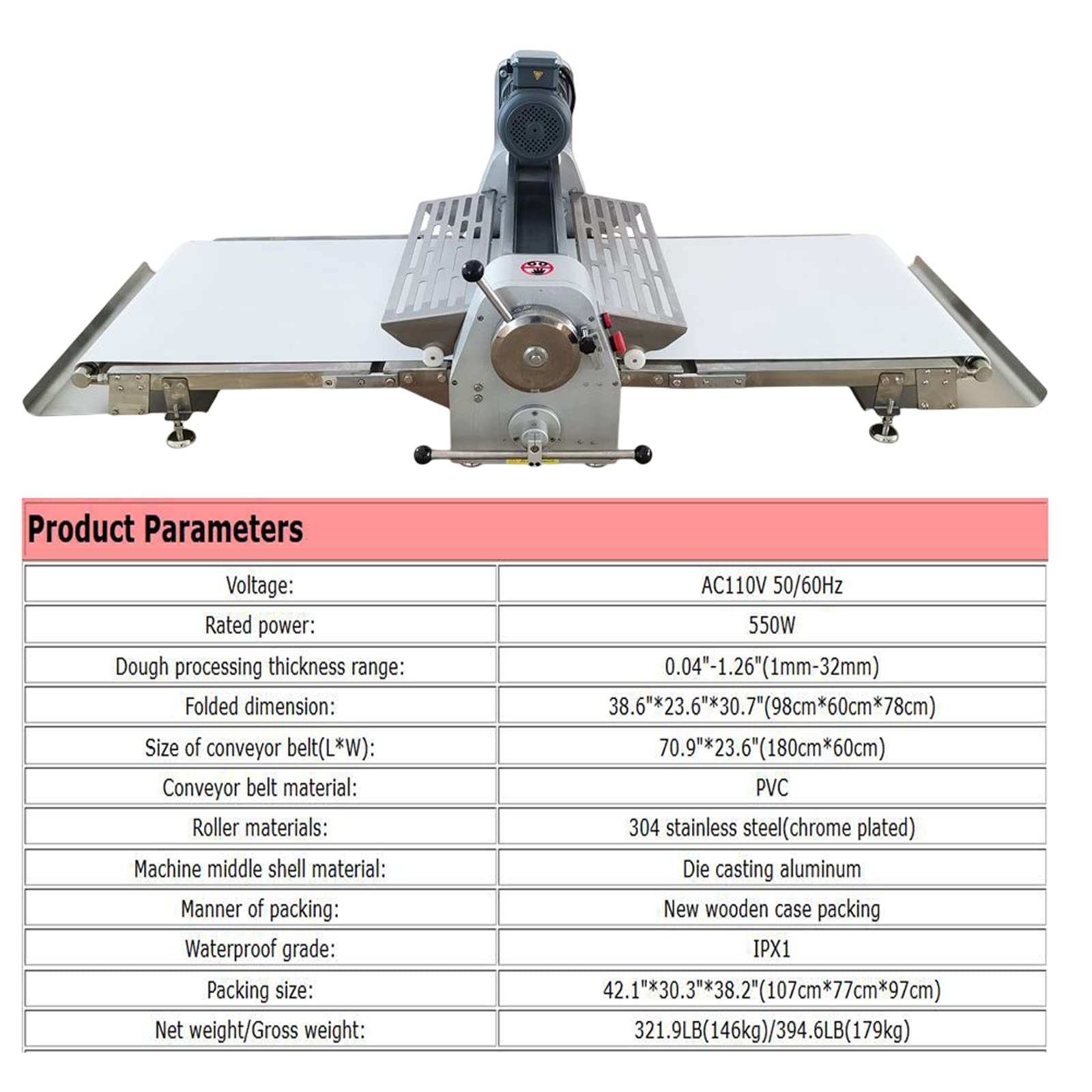 INTBUYING Countertop Dough Sheeter Machine 24in Reversible Pastry Dough Roller Press Sheeter Dough Flatten Laminator Pie Crisp Sheets Folding Machine Danish Pastry Machine 0.04"-1.26" Thickness 110V