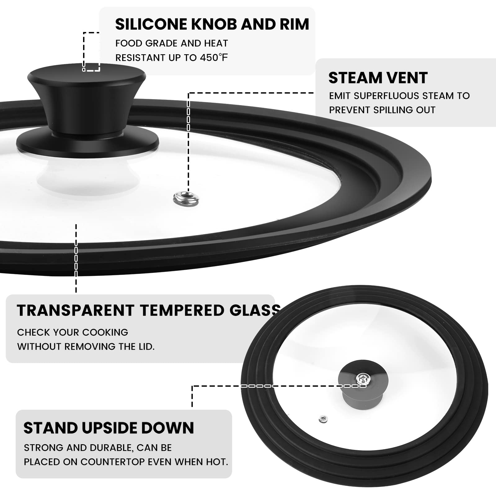 Universal Silicone Lid for Pots, Pans and Skillets From 7" to 12", Tempered Glass Pot Pan Lid Fits for 3 Sizes (7",8",8.5")