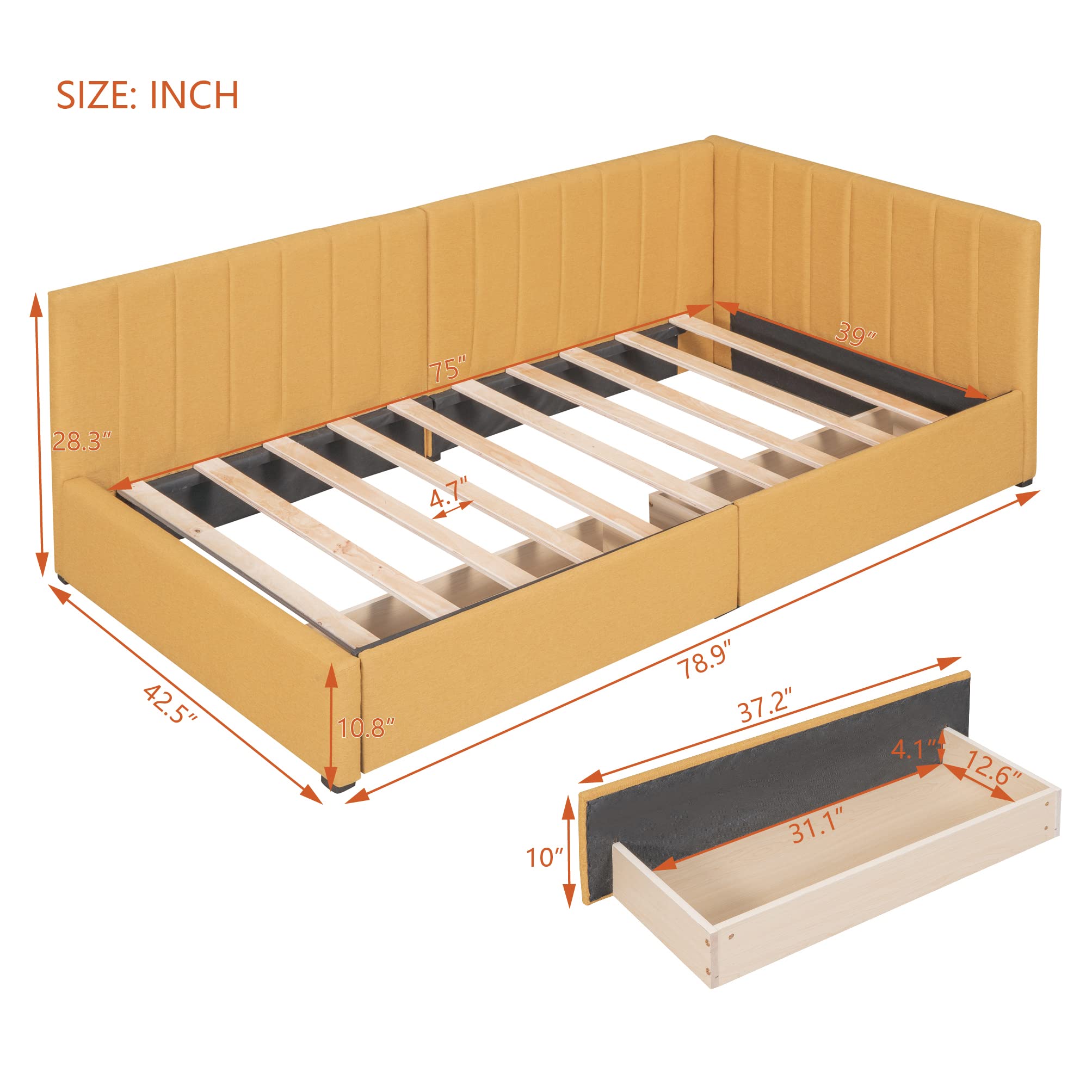 Merax Twin Size Daybed, Upholstered Twin Daybed with 2 Storage Drawers, Linen Fabric Twin Size Sofa Bed Frame, No Box Spring Needed, Yellow