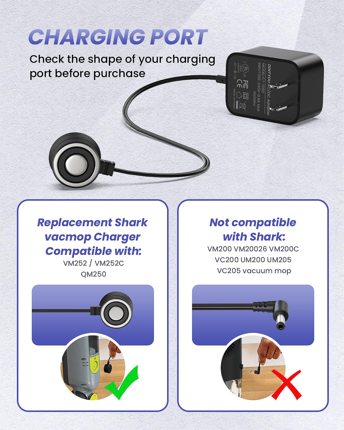 Replacement for Shark Vacmop Charger, Cordless Hard Floor Vacuum Mop Shark VM252 VM252C VM251 QM250 VM250 Magnetic Power Cord Charger