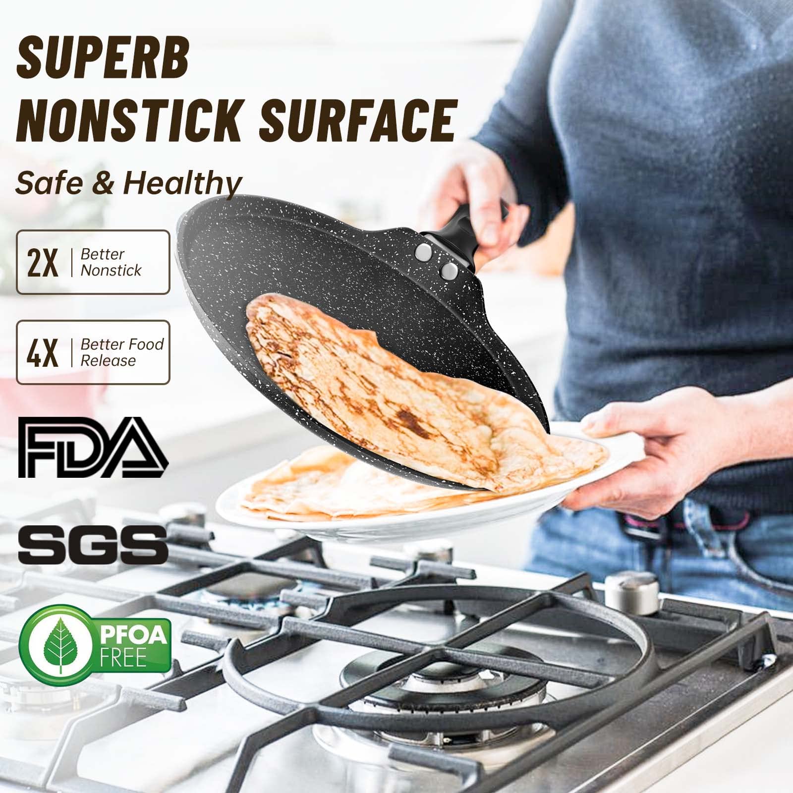 Innerwell Nonstick Crepe Pan, Comal Dosa Pan Tawa Griddle Pancake Pan, 10 Inch Tortilla Pan with Stay-Cool Handle, Induction Compatible, 100% PFOA Free, Black