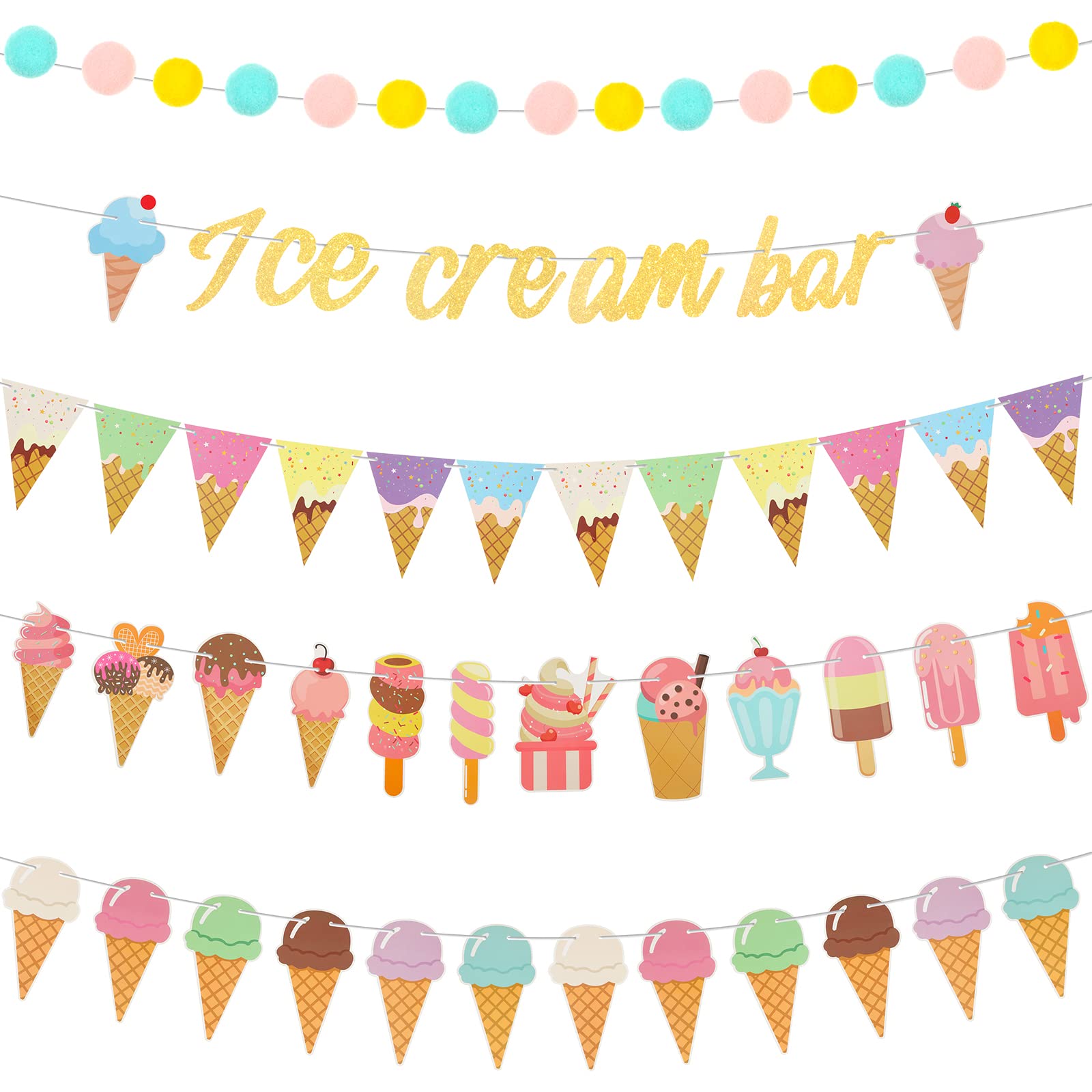 Kisston 5 Pcs Ice Cream Decorations Ice Cream Bar Banner Ice Cream Party Decorations Ice Cream Bar Supplies Garland Ice Cream Sign for Birthday Party, Baby Shower, Summer Holiday, Bachelorette Decor