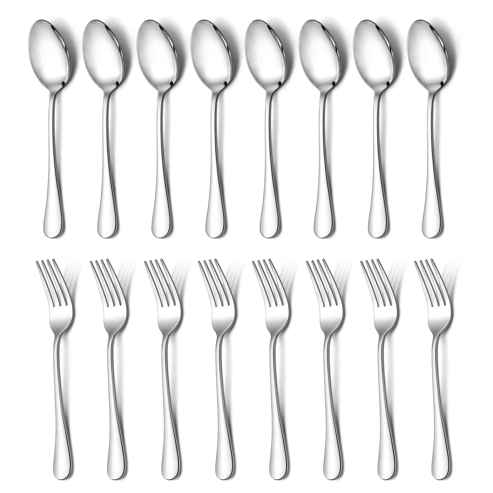 E-far 16-Piece Dinner Forks and Spoons, Stainless Steel Silverware Flatware Eating Utensils Set for Home Kitchen Restaurant, Food Grade Metal & Simple Design, Mirror Finish & Dishwasher Safe, 8 Inch