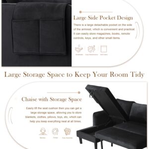 Modern Velvet Pull Out Sleeper Sofa Bed with Chaise, Comfy L Shaped Convertible Sleeper Couch with Storage and Pocket, Sectional 3 Seat Couch for Living Room Furniture or Office, Smooth Back - Black