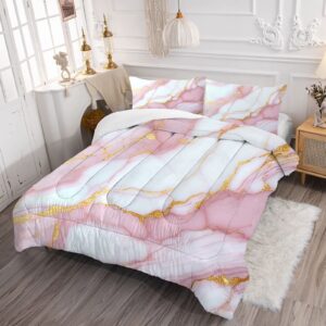 FUYEUN Marble Comforter Sets Pale Pink Chic Bedding Set Full Size for Girls Teens Women Boys Gold Glitter Luxury Marbling Texture Quilt 1 Comforter + 2 Pillow Cases