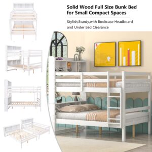 Betoko Solid Wood Bunk Beds Full Over Full with Bookcase Convertible Wooden Full Size Bunk Bed Frame with Storage Headboard for Teens,Kids,Boys,Girls,Adults and Small Spaces (White, Full Over Full)