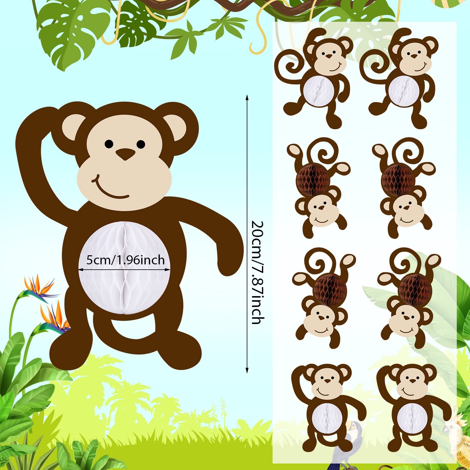 Kanayu 12 Pcs Monkey Cutouts Jungle Party Decorations Honeycomb Monkeys Jungle Themed Party Decorations Monkeys Hanging Banner Decor for Birthday Baby Shower Supplies Room Wall Decor(Cute Monkey)