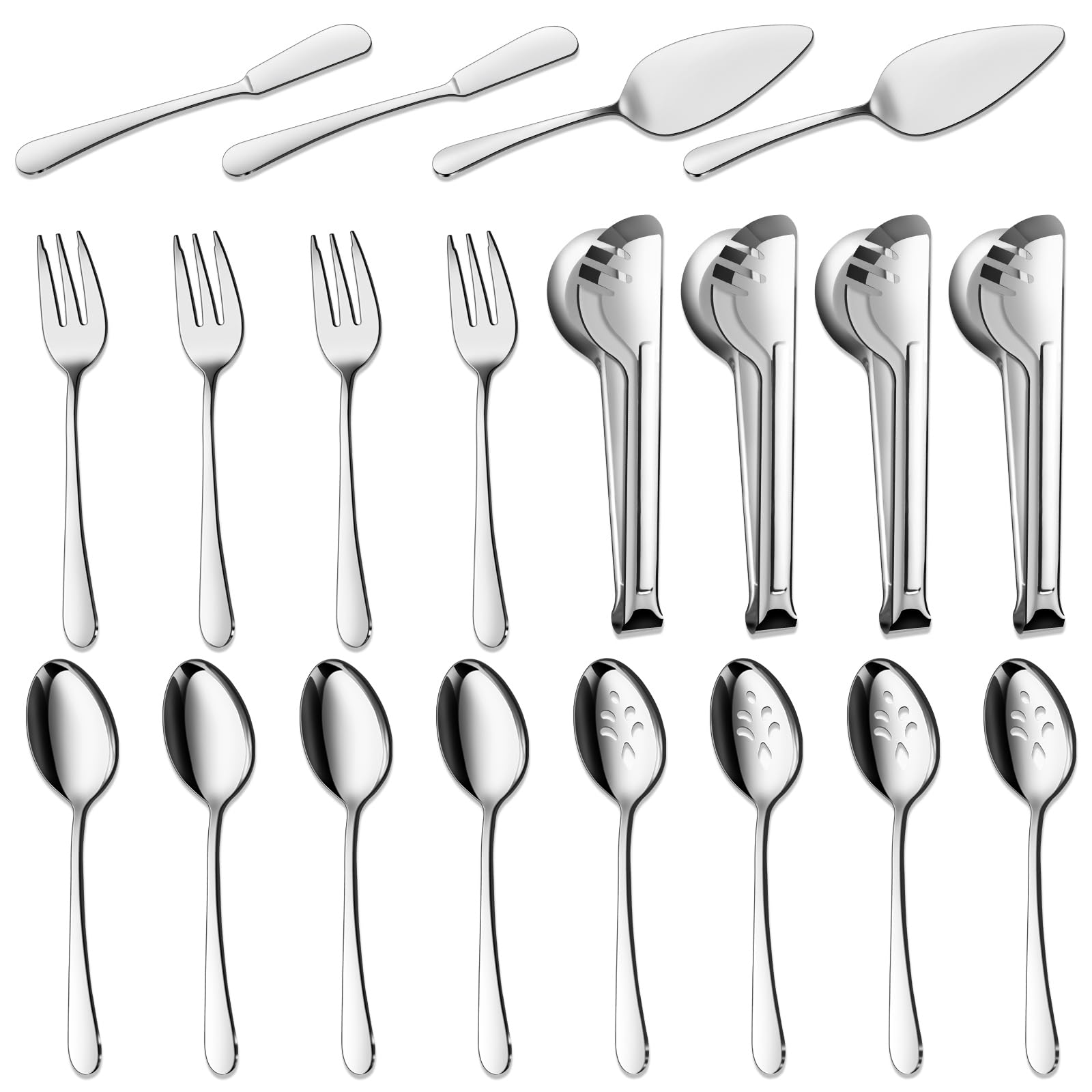 BEWOS Serving Utensils, 20-Piece Large Serving set, Serving Spoons, Slotted Spoons, Serving Tongs & Forks, Cake Server, Butter Knife, Stainless Steel Serving Utensils Set for Parties, Dishwasher Safe