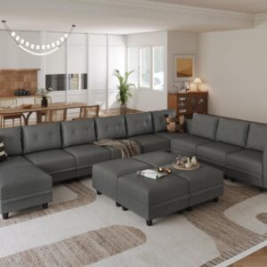 LLappuil Modular Sectional Sofa with Storage, Oversized Couch 14 Seater U Shaped Sofa with Chaise, Faux Leather Fabric Large Sectional Couch with Ottoman, Dark Grey