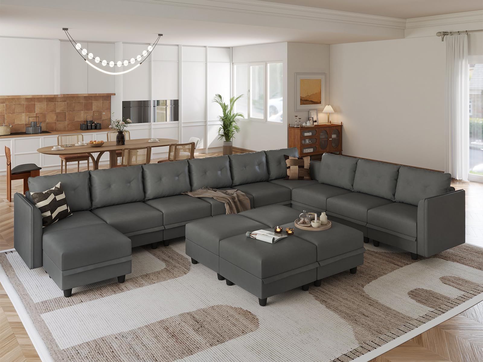 LLappuil Modular Sectional Sofa with Storage, Oversized Couch 14 Seater U Shaped Sofa with Chaise, Faux Leather Fabric Large Sectional Couch with Ottoman, Dark Grey