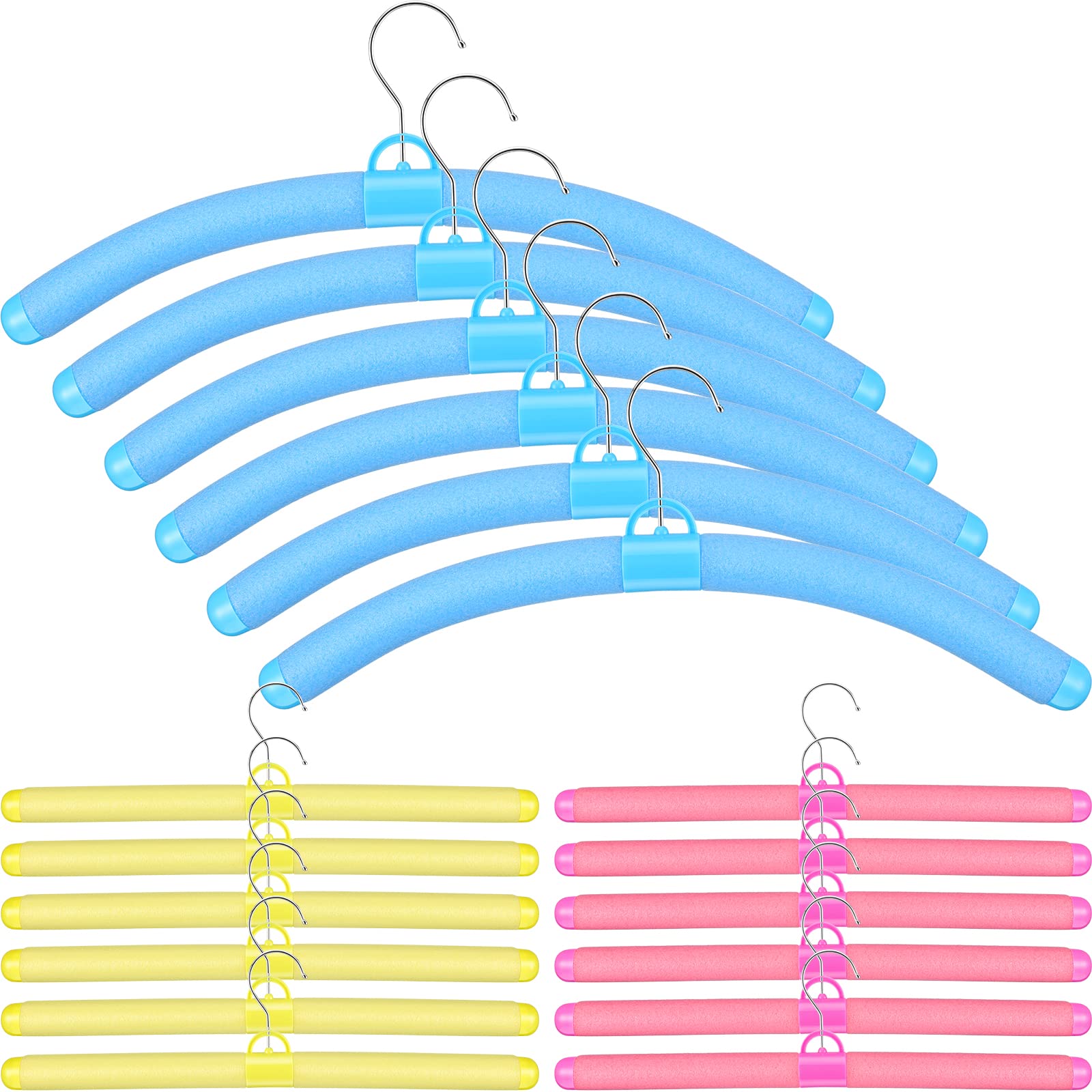 Geelin 18 Pieces No Bump Hangers No Shoulder Bump Hangers Foam Padded Hangers Adjustable Coat Sweater Hangers No Slip Clothes Hangers Bendable for Women Clothing(Blue, Yellow, Pink)