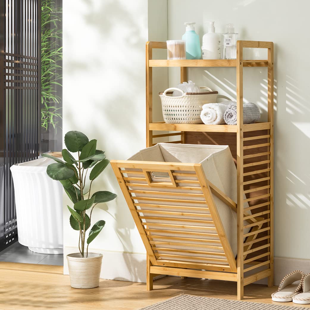 MoNiBloom Tilt-Out Laundry Cabinet with Foldable Hamper, 2-Tier Bamboo Freestanding Storage Cabinet with Basket, 37.5" High Dirty Clothes Bag Shelf for Laundry Room Bathroom Bedroom Closet, Natural