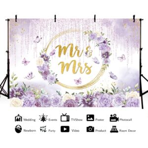 MEHOFOND 7x5ft Mr and Mrs Violet Wedding Backdrop for Bridal Shower Purple Flowers Dripping Glitter Photography Background Gold Geometric Couple Wedding Party Decor Bride to Be Engagement Banner Prop