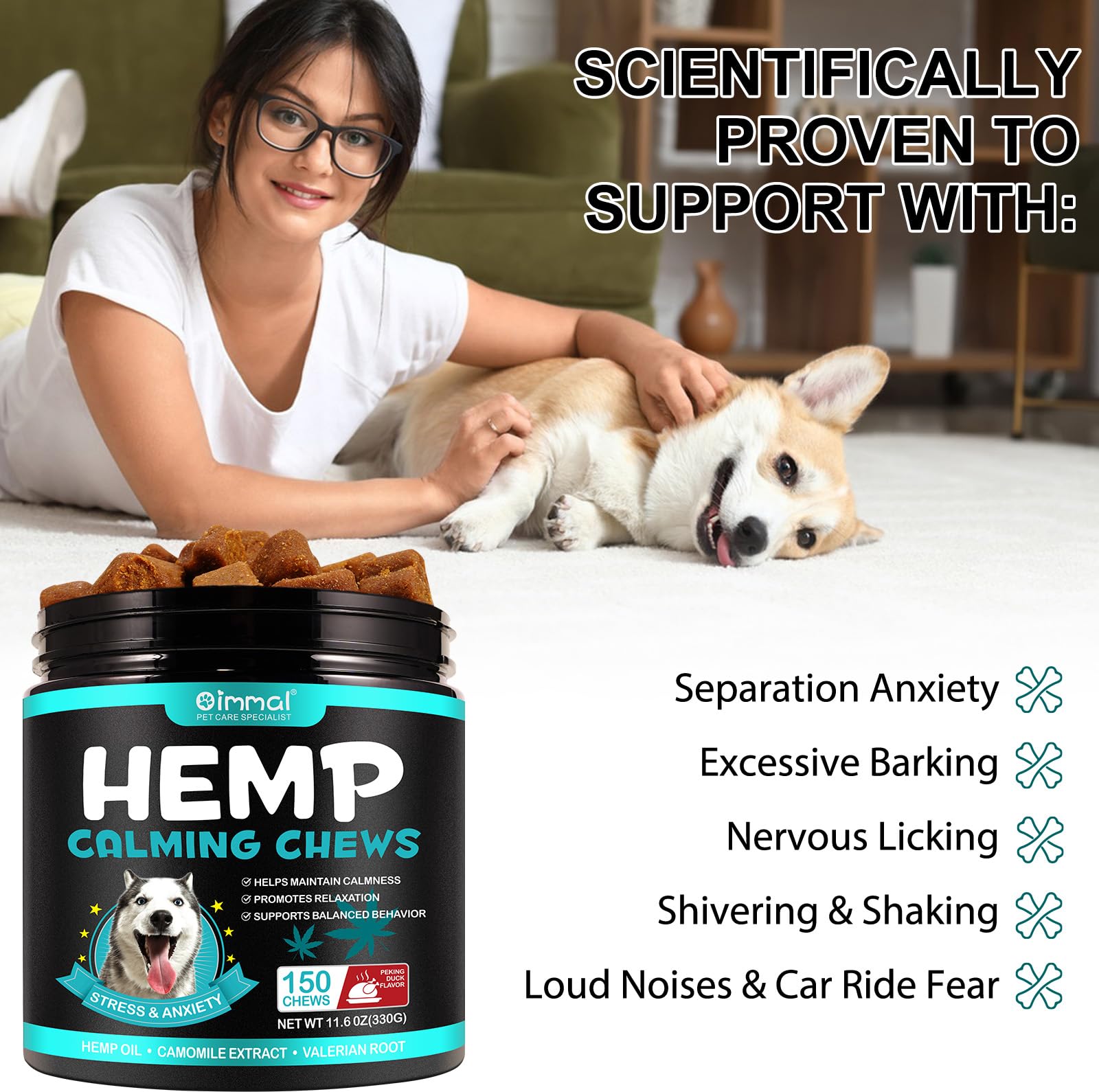 Oimmal Hemp Calming Chews for Dogs, Dog Anxiety Relief Calming Treats, Dog Calming Treats for Separation, Barking, Stress Relief, Thunderstorms, Calming Dog Treats Calming Aid (Duck 150chews)