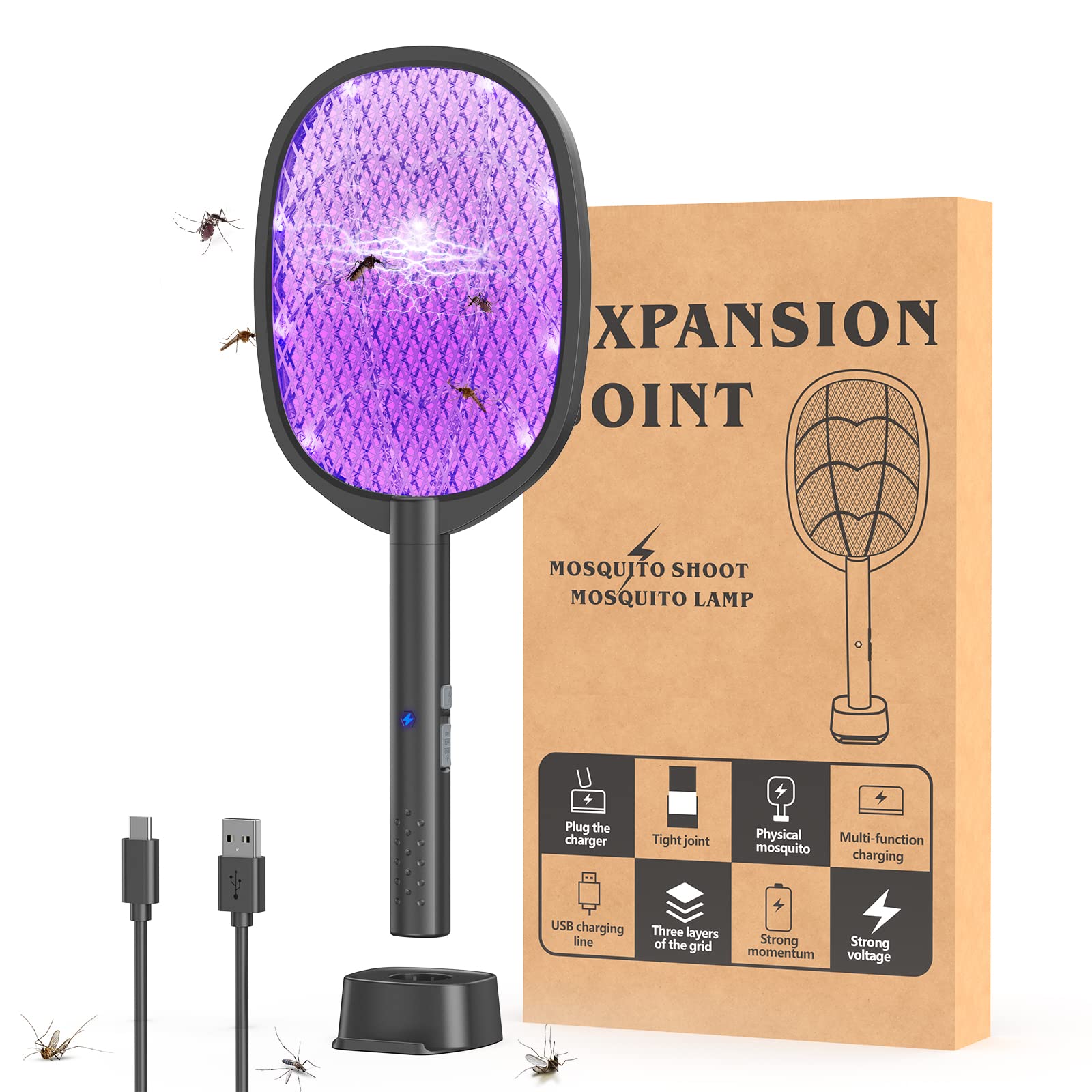 2 Pack Electric Fly Swatter 2 in 1 Bug Zapper Racket & Mosquito Zapper,4000V with USB Charging Base，Powerful Mosquito Swatter with 3 Layers of Safety Net Suitable for Indoor and Outdoor…