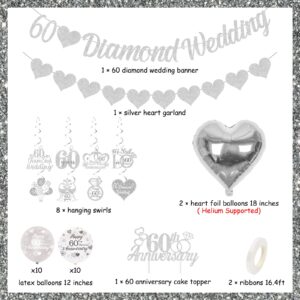 Fangleland 60th Diamond Wedding Anniversary Decorations, Glitter Banner, Cake Topper, Hanging Swirl, Silver Heart-shaped Love Foil Balloons, Party Festival Celebration Supplies Sets