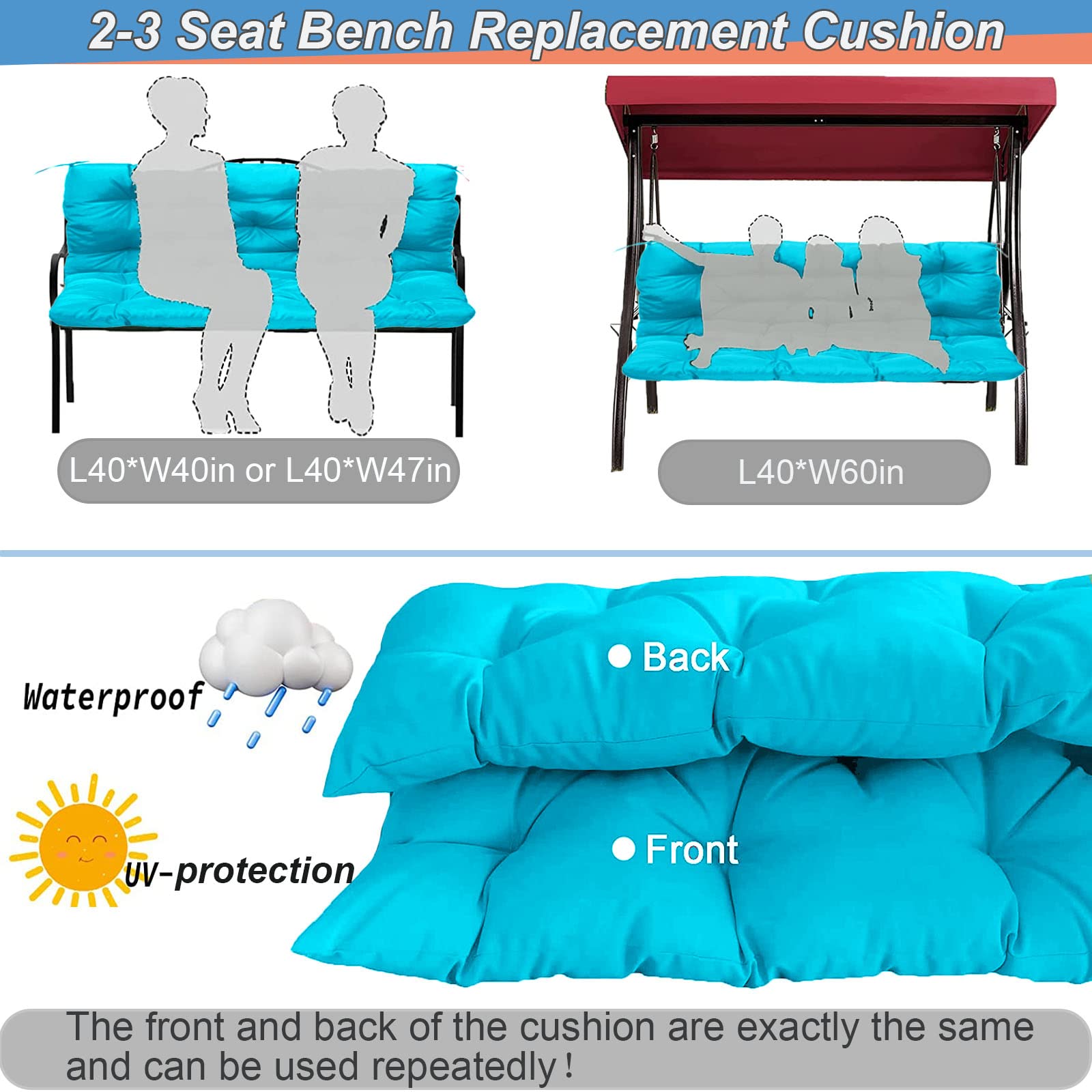 DHIJUPNG Replacement Cushions for Outdoor Swing, Waterproof Porch Bench Swing Cushions 2 Seater for Outdoor Furniture, Thicken 4" Patio Swing Cushions Suitable for 38-42" Swings(Sky Blue 40x40in)