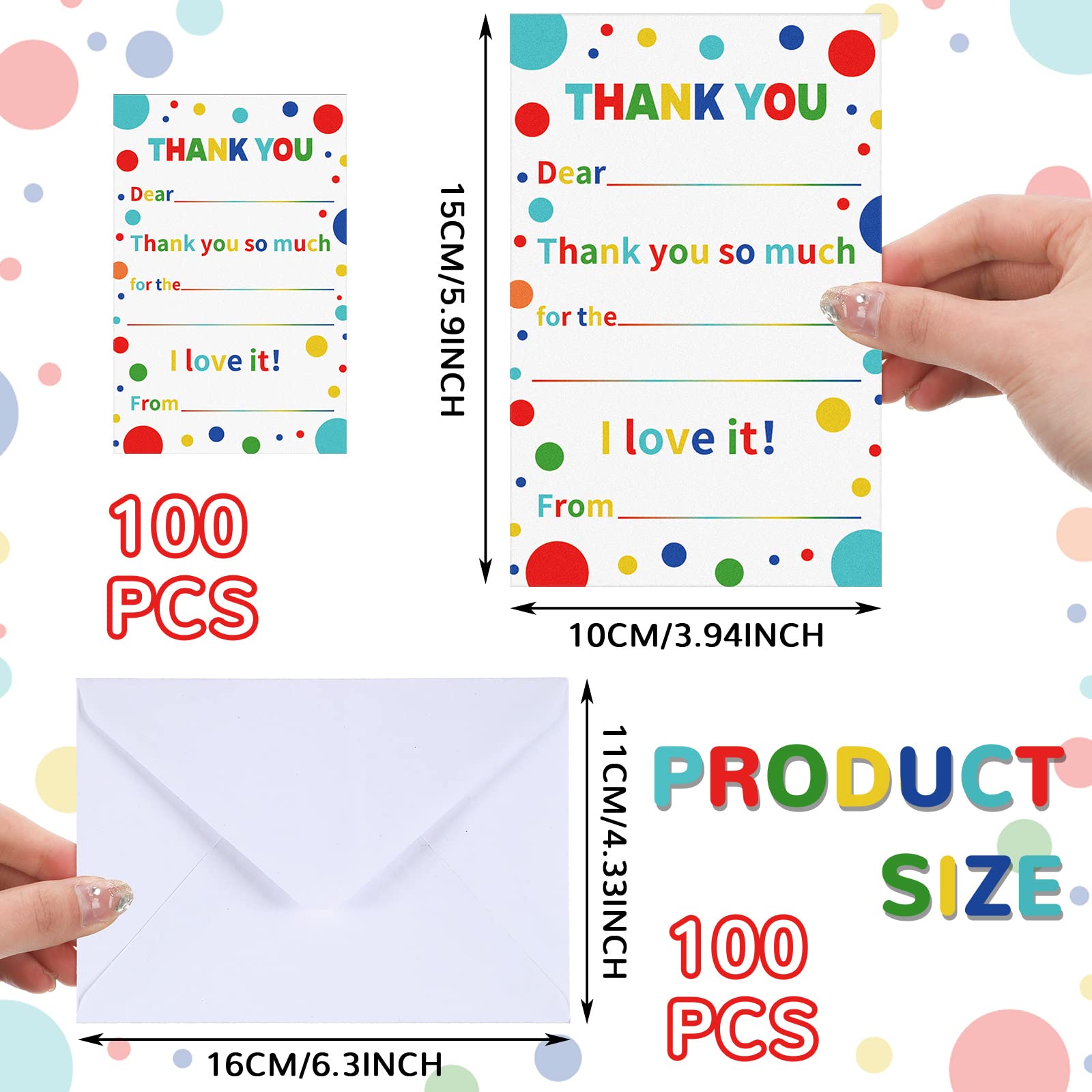 Sherr 200 Pcs Kids Thank You Card with Envelopes Fill in the Blank Rainbow Thank You Notes Birthday Postcard Colorful Dot Cardstock Confetti Appreciation Greeting Gift for Boy Girl Graduation