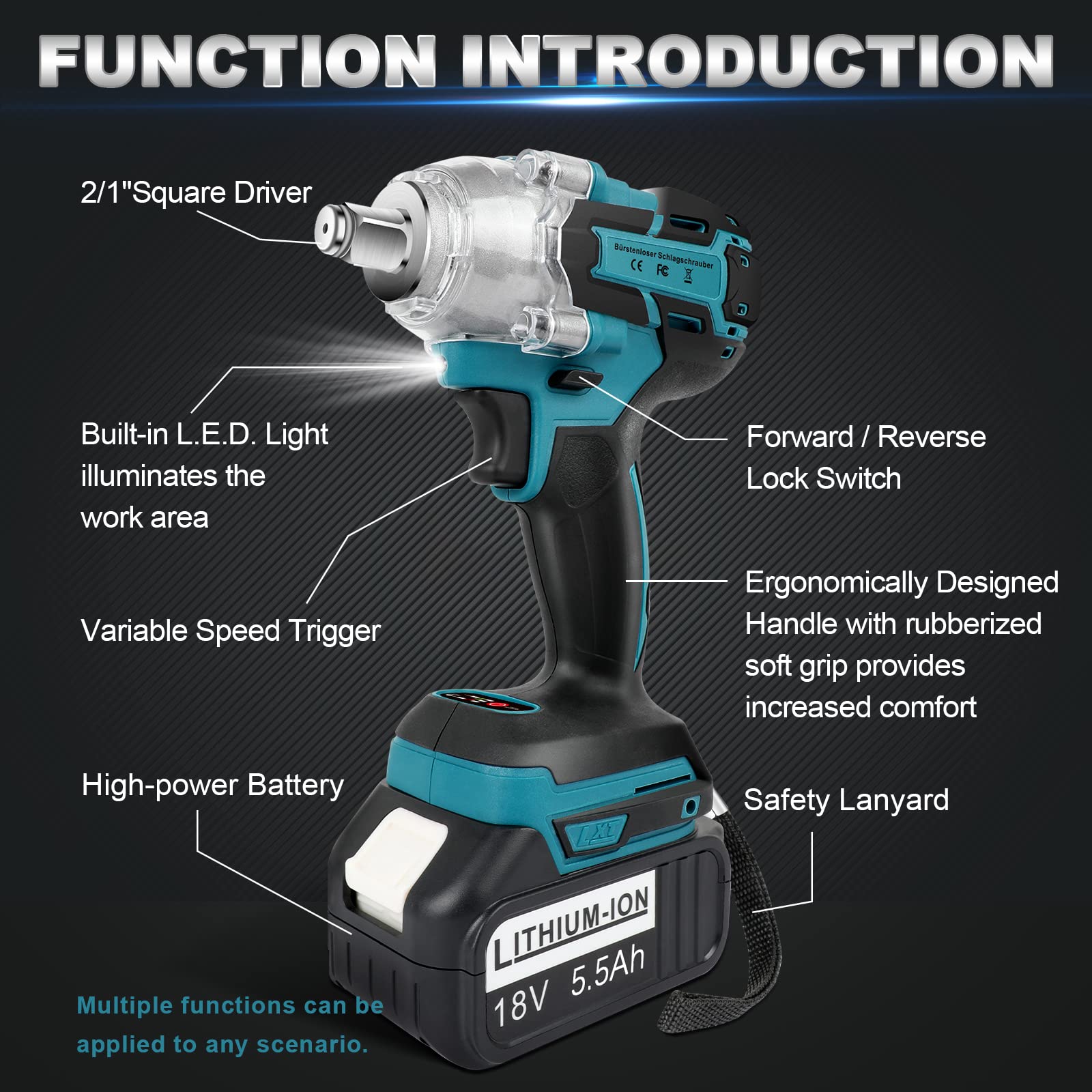 ARyee 21V Cordless Impact Wrench, Brushless Impact Wrench 1/2 inch Max Torque 650N.m, 2Pcs 5.5Ah Battery, 6 Sockets, Fast Charger and Tool Box, High Torque Power Impact Gun for Car/Home