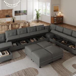 LLappuil Modular Sectional Sofa with Storage, Oversized Couch 14 Seater U Shaped Sofa with Chaise, Faux Leather Fabric Large Sectional Couch with Ottoman, Dark Grey