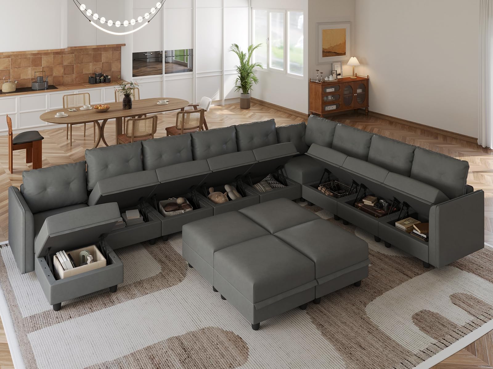 LLappuil Modular Sectional Sofa with Storage, Oversized Couch 14 Seater U Shaped Sofa with Chaise, Faux Leather Fabric Large Sectional Couch with Ottoman, Dark Grey