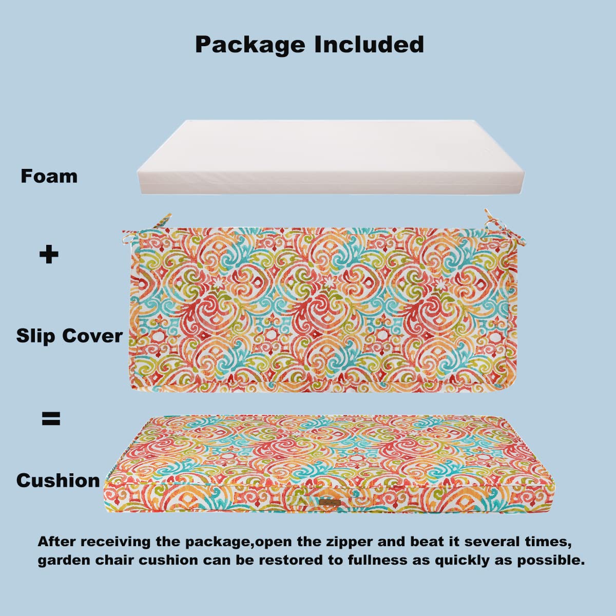 FUNHOME Outdoor Bench Cushion Water-Resistant, 45 x 18 Inch Bench Cushions for Outdoor Furniture, Settee Cushions with Handle and Straps, Patio Couch Cushion 1 Pack, Melora Paisley, Corinthian Dapple