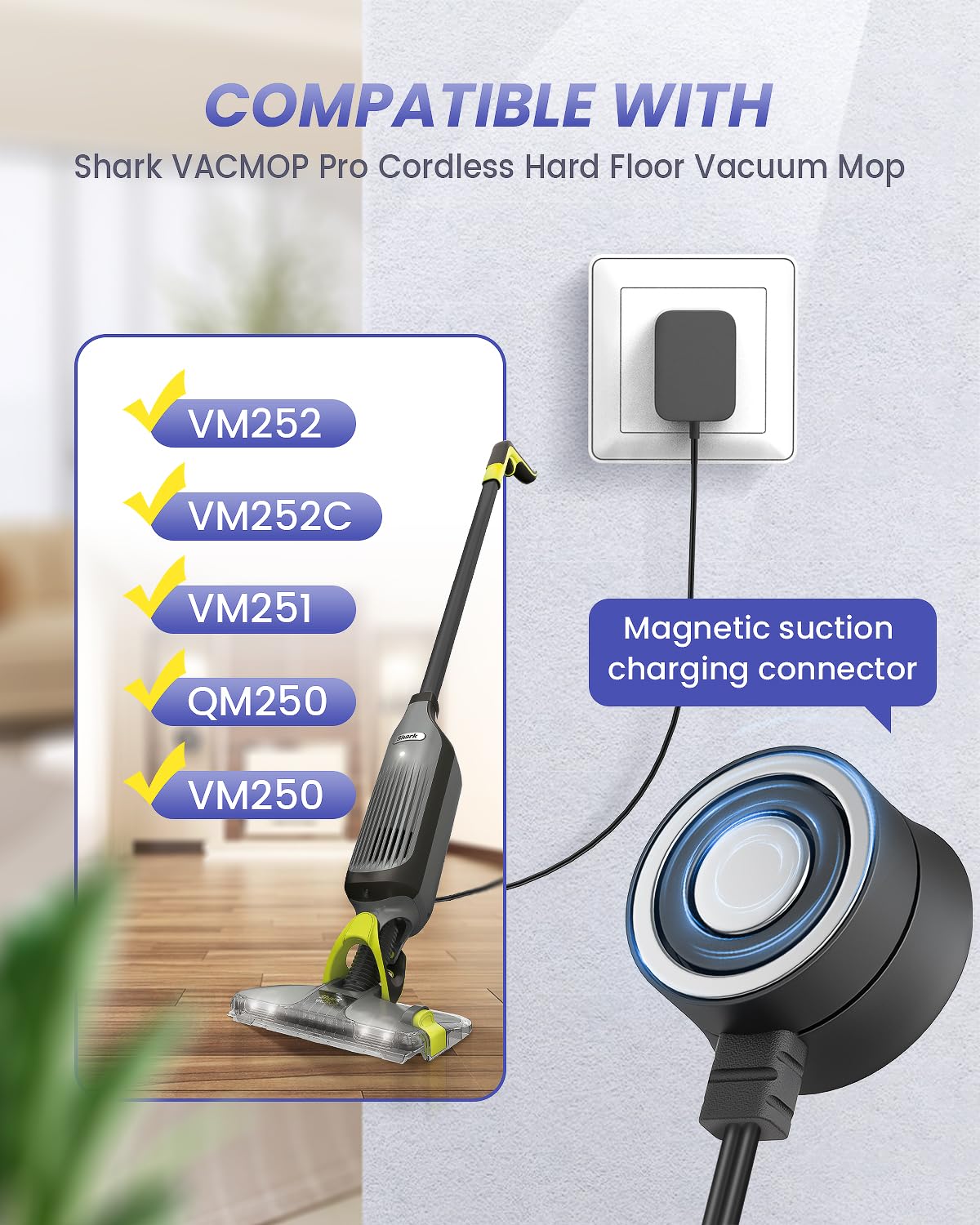 Replacement for Shark Vacmop Charger, Cordless Hard Floor Vacuum Mop Shark VM252 VM252C VM251 QM250 VM250 Magnetic Power Cord Charger