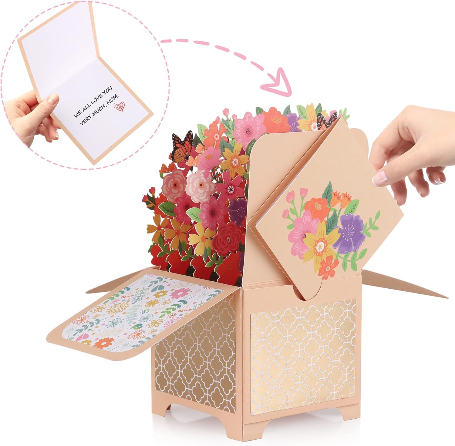 Giiffu Flower Pop Up Card, Colorful Flowers & Butterflies, Handmade 3D Greeting Cards For Her with Note Card and Envelope for All Occasion, Mothers Day, Thanksgiving, Thank You Card(7" x 6.7")