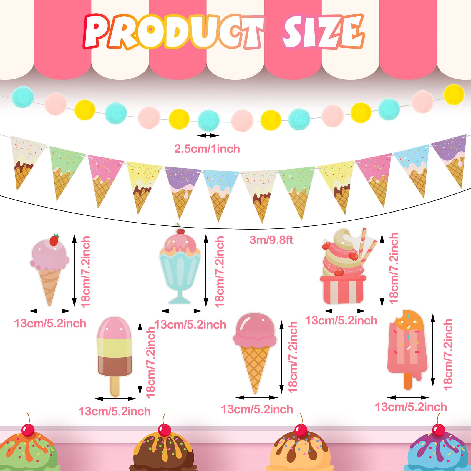 Kisston 5 Pcs Ice Cream Decorations Ice Cream Bar Banner Ice Cream Party Decorations Ice Cream Bar Supplies Garland Ice Cream Sign for Birthday Party, Baby Shower, Summer Holiday, Bachelorette Decor