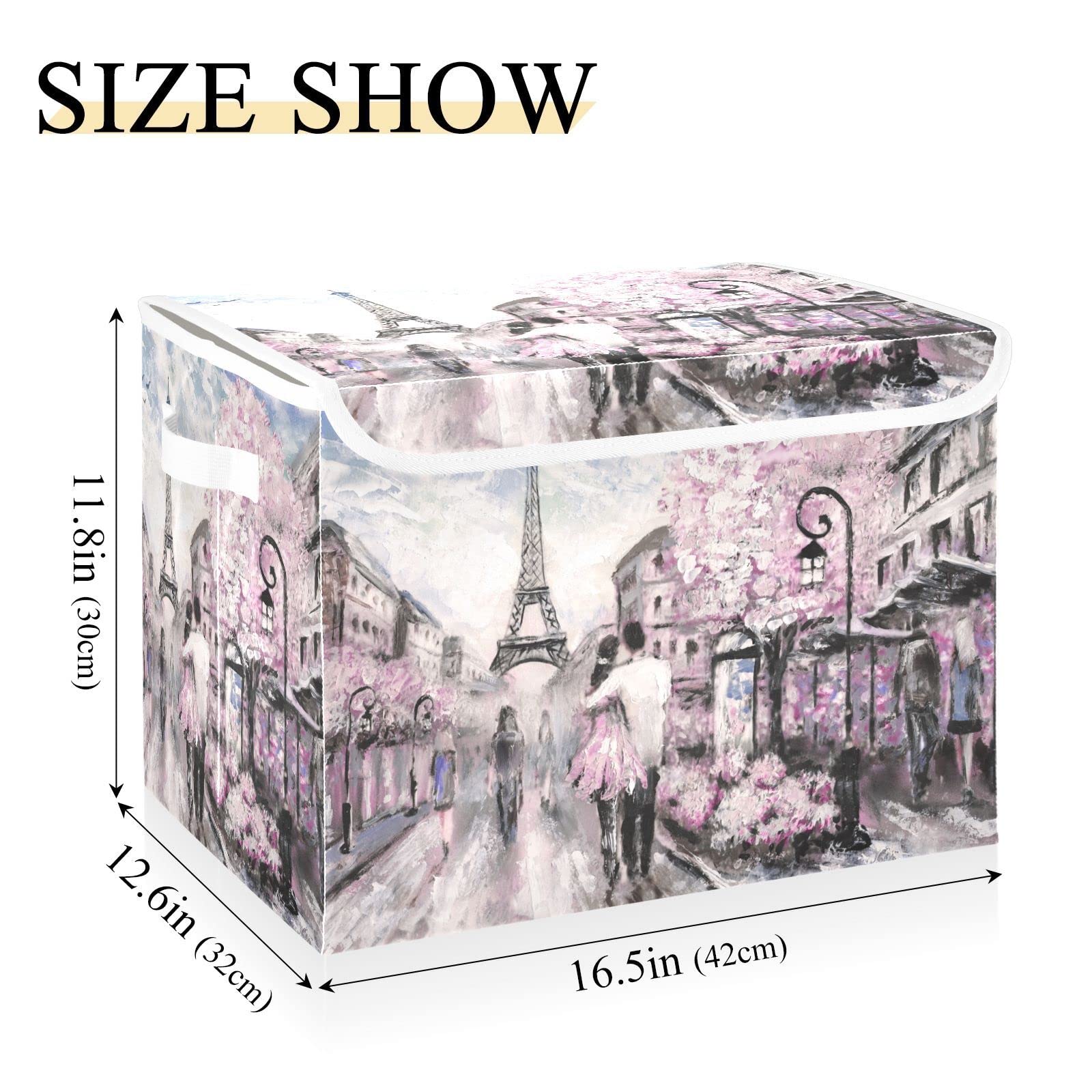 MFTJYO Storage Bin with Lid Romantic Couple Paris Street Scene Foldable Storage Box Washable Fabric Storage Cubes Bin Organizer Basket Closet for Home Bedroom Closet Nursery Office